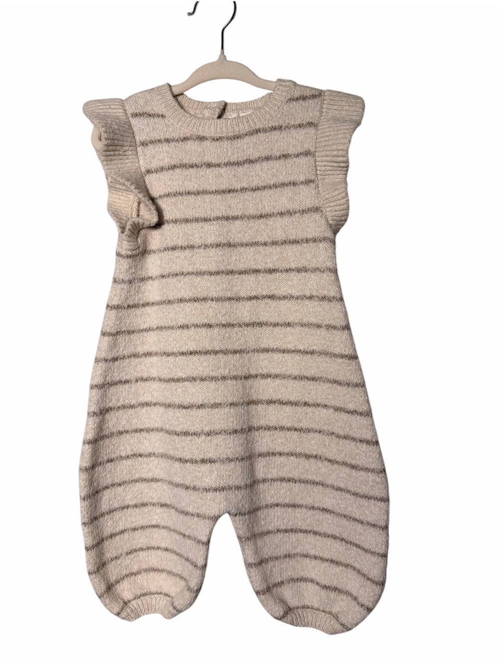 Quincy Mae Striped Knit One-Piece Romper - Cream and Gray
